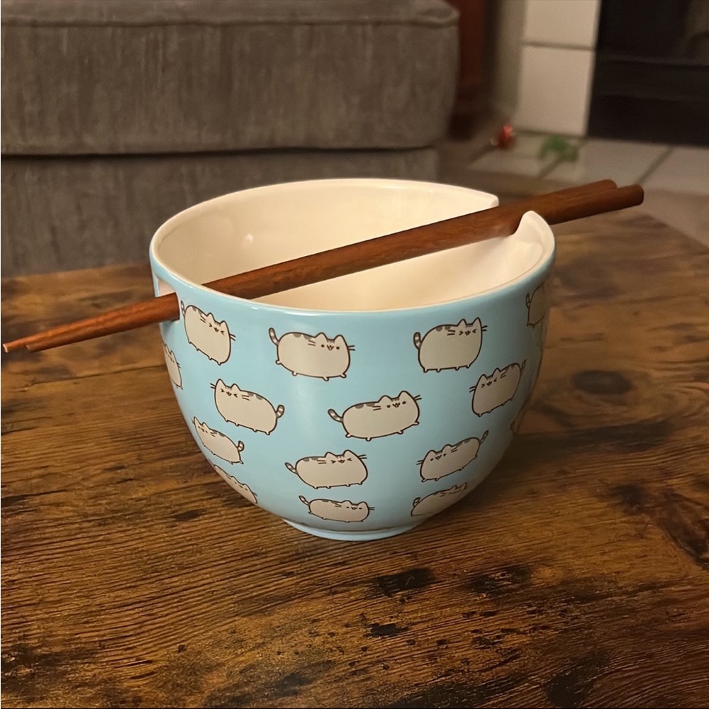 Pusheen Stoneware Ramen Bowl/Rice Bowl with Chopsticks